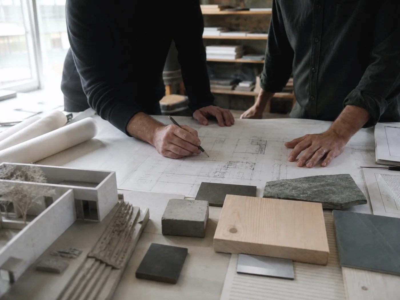 An architect and builder reviewing drawings and material samples at a worktable